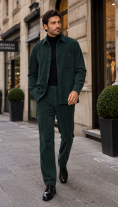 Mens Corduroy Shirt and Pants Walking Suit in Winter Cotton Fabric Casual in Color Green leisure Style