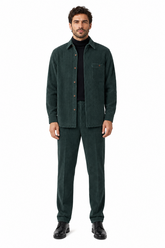 Mens Corduroy Shirt and Pants Walking Suit in Winter Cotton Fabric Casual in Color Green leisure Style