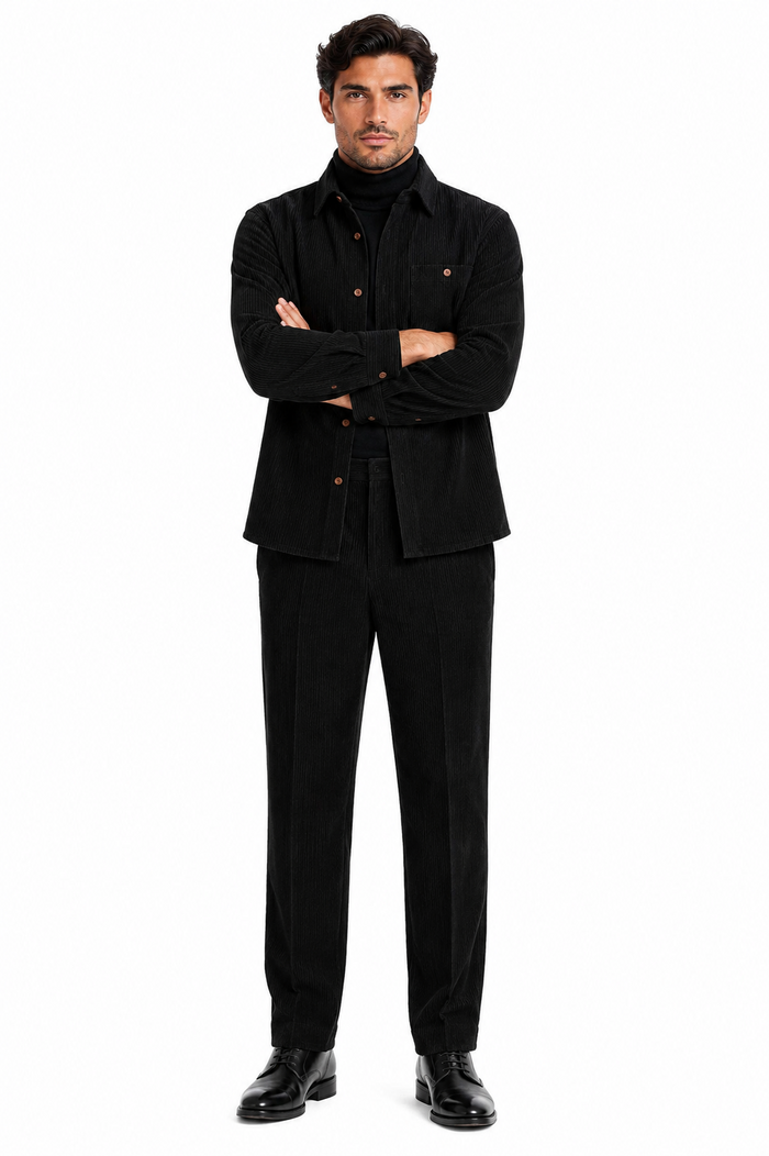 Men's Corduroy Shirt and Pants Walking Suit in Winter Cotton Fabric Casual in Color Black leisure Style