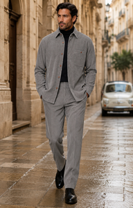 Mens Corduroy Shirt and Pants Walking Suit in Winter Cotton Fabric Casual in Color Grey leisure Style