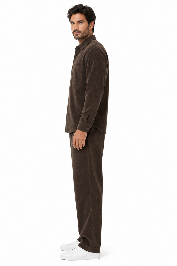 Men's Corduroy Shirt and Pants Walking Suit in Winter Cotton Fabric Casual in Color Mocha Choclate brown leisure Style