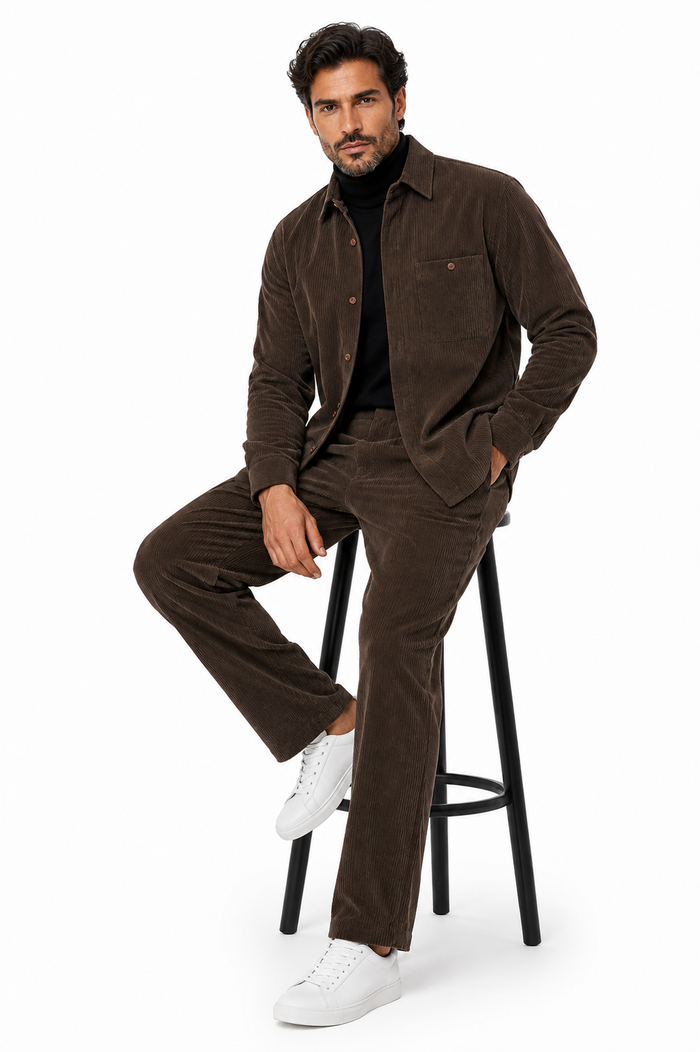 Men's Corduroy Shirt and Pants Walking Suit in Winter Cotton Fabric Casual in Color Mocha Choclate brown leisure Style