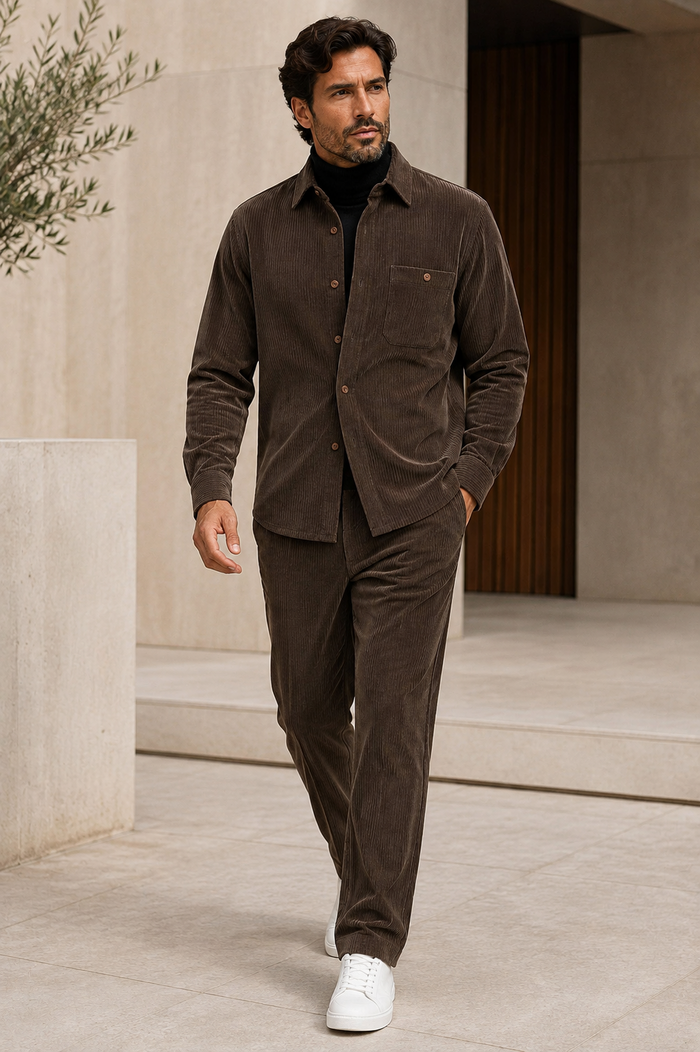 Men's Corduroy Shirt and Pants Walking Suit in Winter Cotton Fabric Casual in Color Mocha Choclate brown leisure Style