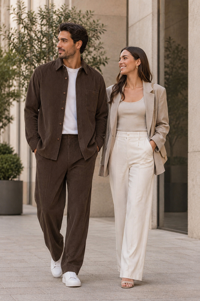 Men's Corduroy Shirt and Pants Walking Suit in Winter Cotton Fabric Casual in Color Mocha Choclate brown leisure Style