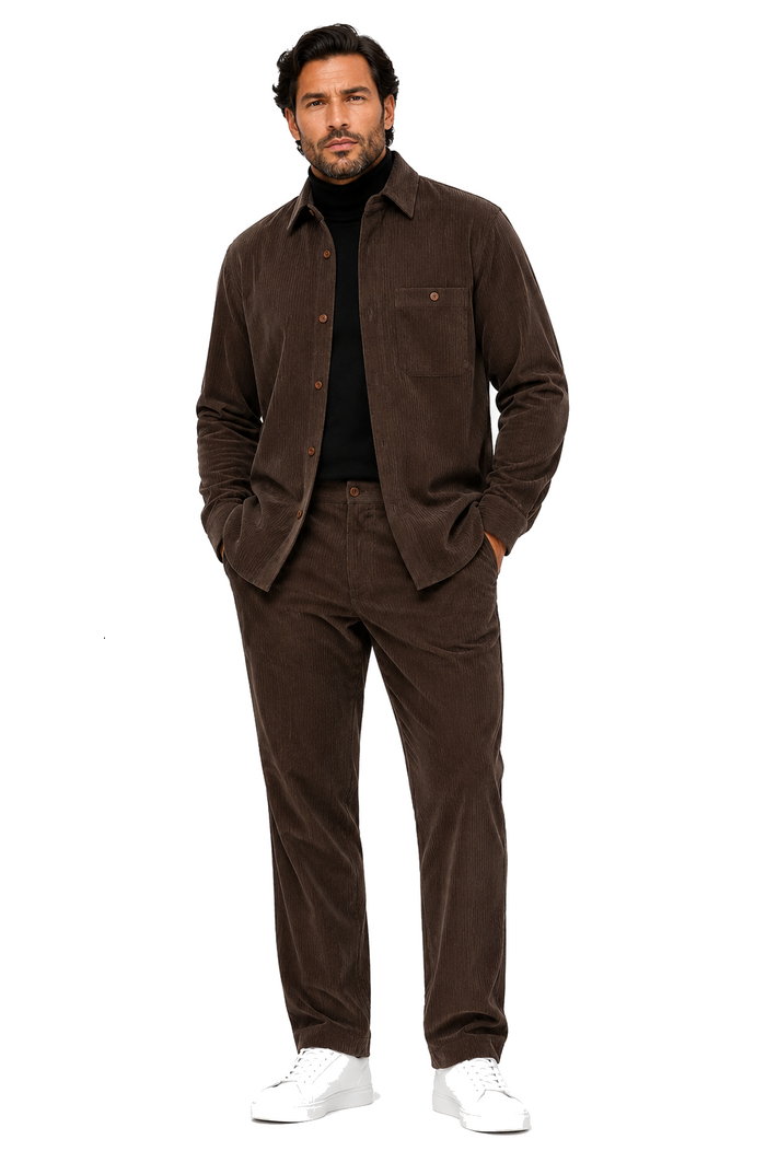 Men's Corduroy Shirt and Pants Walking Suit in Winter Cotton Fabric Casual in Color Mocha Choclate brown leisure Style
