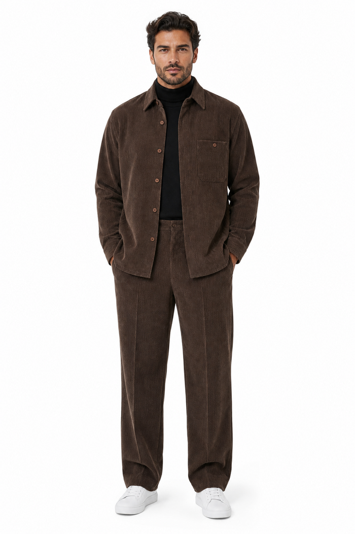 Men's Corduroy Shirt and Pants Walking Suit in Winter Cotton Fabric Casual in Color Mocha Choclate brown leisure Style