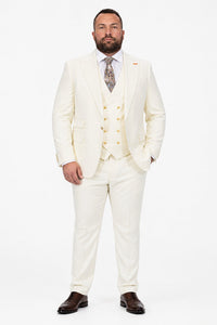 Men's Off White Statement Ticket Pocket Peak Lapel Wool Double Breasted Vest Suit with Gold Buttons – Modern Fit