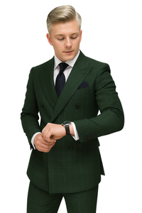 Mens Designer Classic Fit Double Breasted Hunter Green Wool Suit