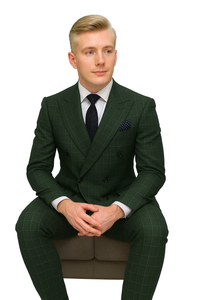 Mens Designer Classic Fit Double Breasted Hunter Green Wool Suit