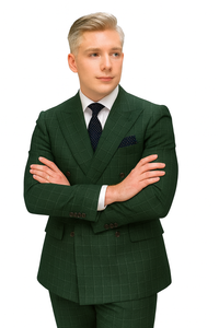 Mens Designer Classic Fit Double Breasted Hunter Green Wool Suit