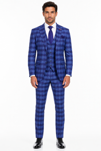 Men's Designer Two Button Modern Fit Vested Wool Suit in Indigo Blue Glen Plaid