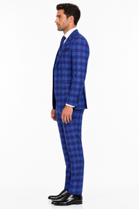 Men's Designer Two Button Modern Fit Vested Wool Suit in Indigo Blue Glen Plaid