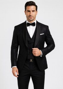 Luxury Black Floral Lace 3-Piece Tuxedo for Men – Perfect Wedding Suit