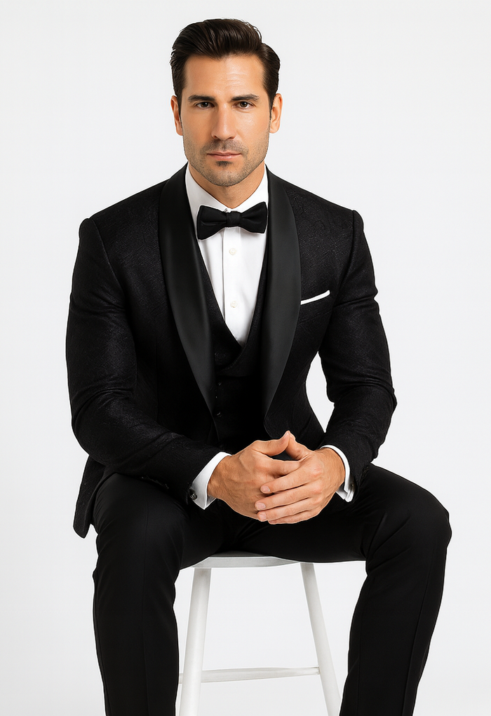 Luxury Black Floral Lace 3-Piece Tuxedo for Men – Perfect Wedding Suit