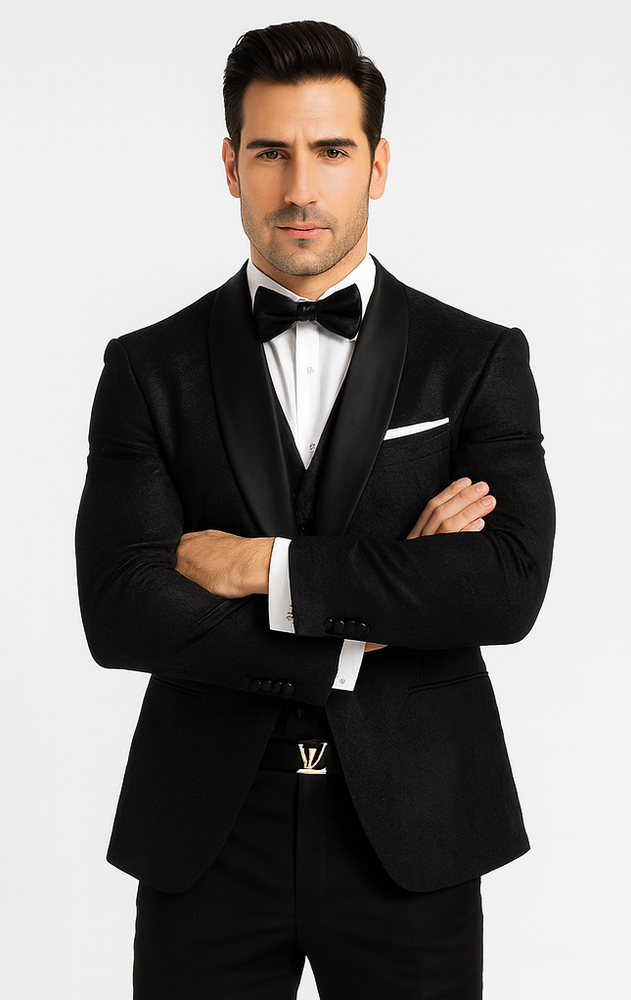 Luxury Black Floral Lace 3-Piece Tuxedo for Men – Perfect Wedding Suit