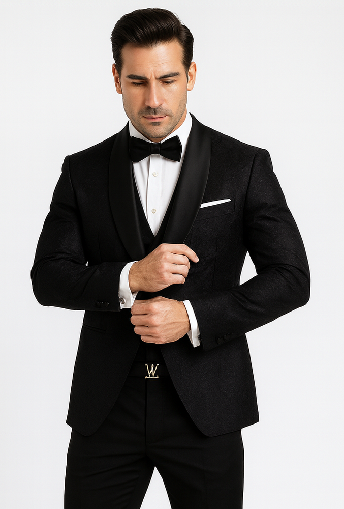 Luxury Black Floral Lace 3-Piece Tuxedo for Men – Perfect Wedding Suit