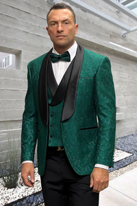 Men’s Hunter Green Lace Tuxedo with Vest – Stylish Designer Wedding Attire