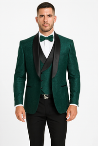 Men’s Hunter Green Lace Tuxedo with Vest – Stylish Designer Wedding Attire