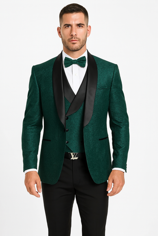 Men’s Hunter Green Lace Tuxedo with Vest – Stylish Designer Wedding Attire