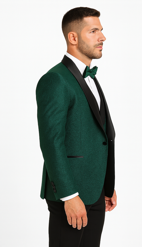 Men’s Hunter Green Lace Tuxedo with Vest – Stylish Designer Wedding Attire