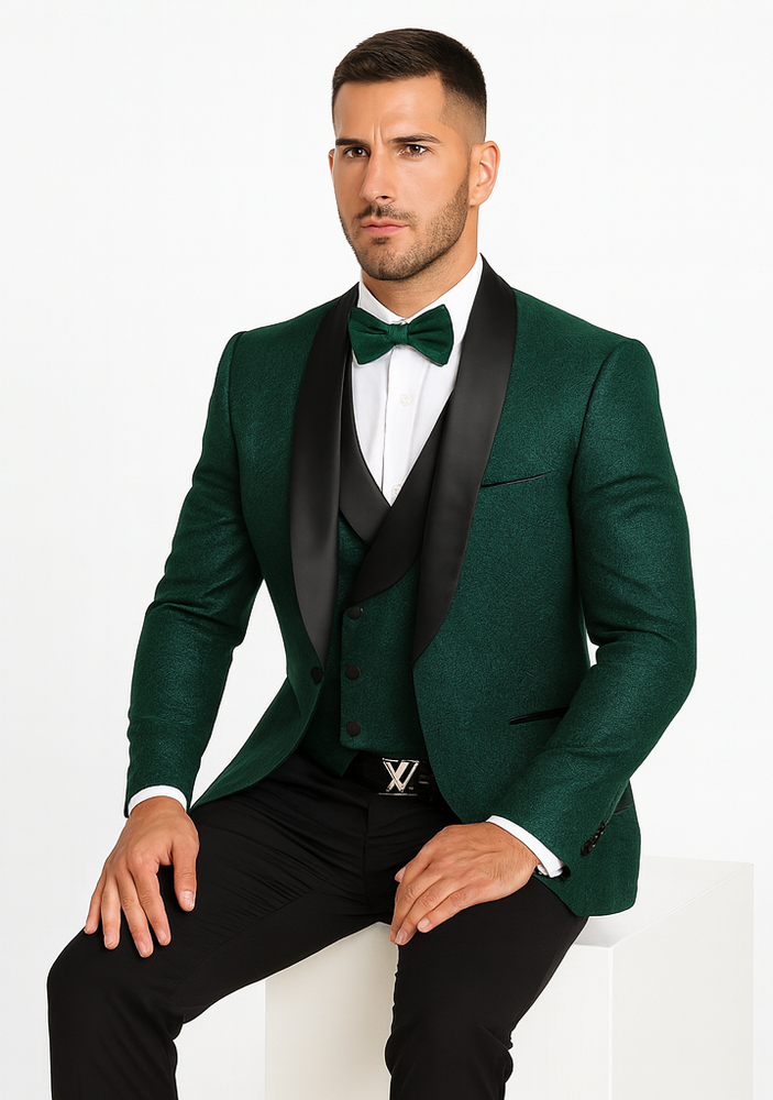 Men’s Hunter Green Lace Tuxedo with Vest – Stylish Designer Wedding Attire