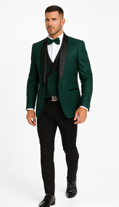Men’s Hunter Green Lace Tuxedo with Vest – Stylish Designer Wedding Attire