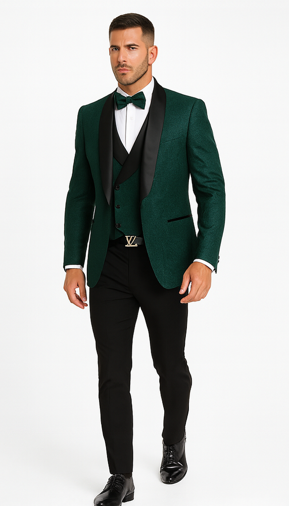 Men’s Hunter Green Lace Tuxedo with Vest – Stylish Designer Wedding Attire