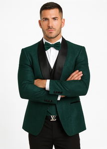 Men’s Hunter Green Lace Tuxedo with Vest – Stylish Designer Wedding Attire