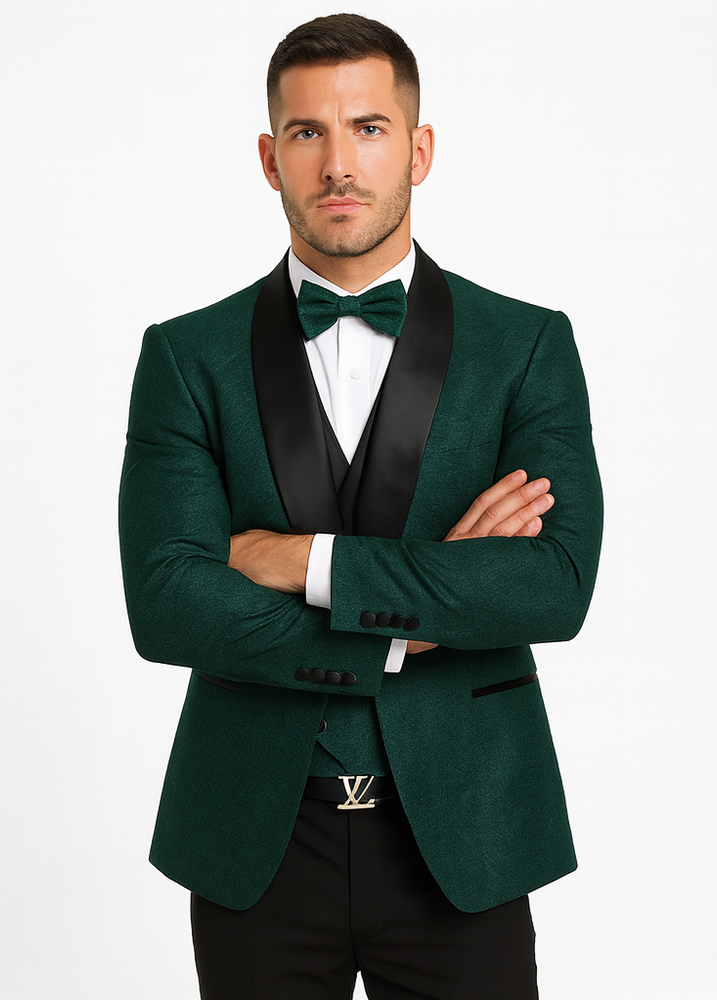 Men’s Hunter Green Lace Tuxedo with Vest – Stylish Designer Wedding Attire