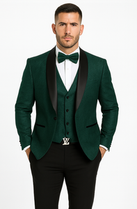 Men’s Hunter Green Lace Tuxedo with Vest – Stylish Designer Wedding Attire