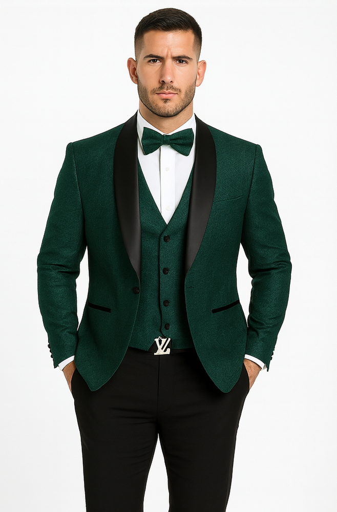 Men’s Hunter Green Lace Tuxedo with Vest – Stylish Designer Wedding Attire