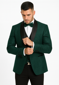 Men’s Hunter Green Lace Tuxedo with Vest – Stylish Designer Wedding Attire