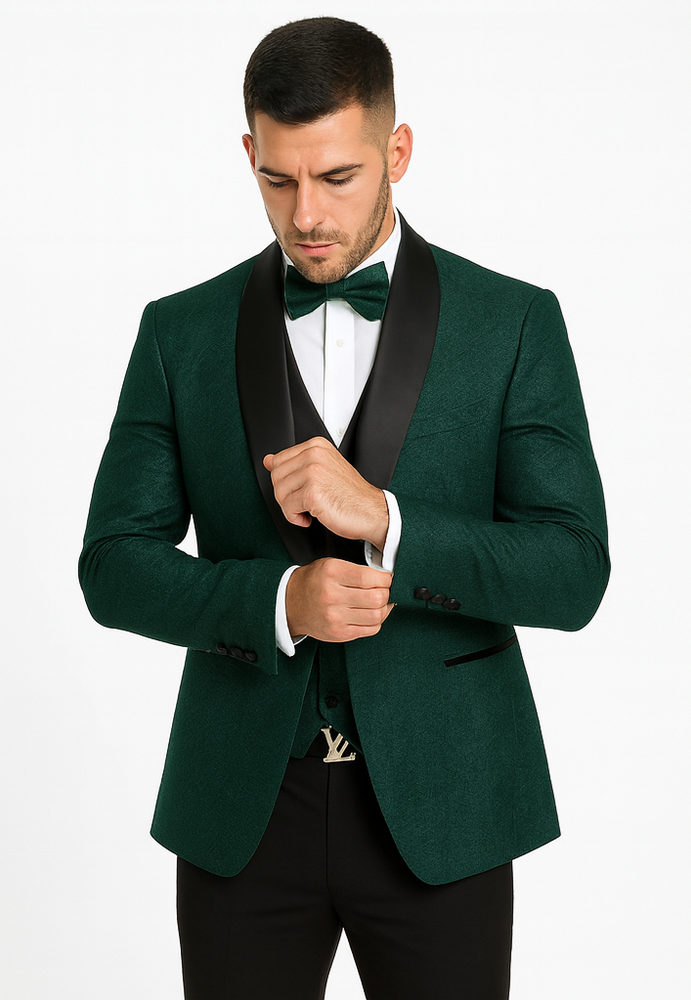 Men’s Hunter Green Lace Tuxedo with Vest – Stylish Designer Wedding Attire