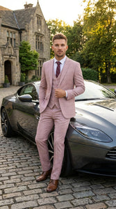 Mens Dusty Rose Three Piece Plaid Suit – Pink Check Wedding and Business Formal Suit Set Windowpane Pattern