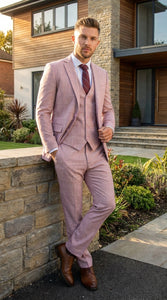 Mens Dusty Rose Three Piece Plaid Suit – Pink Check Wedding and Business Formal Suit Set Windowpane Pattern