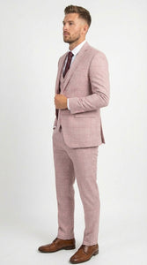 Mens Dusty Rose Three Piece Plaid Suit – Pink Check Wedding and Business Formal Suit Set Windowpane Pattern
