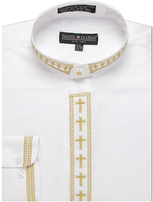 Mens' Embroidered Banded Collar Dress Shirt - Daniel Ellissa White & Gold - USA Men's Outlet