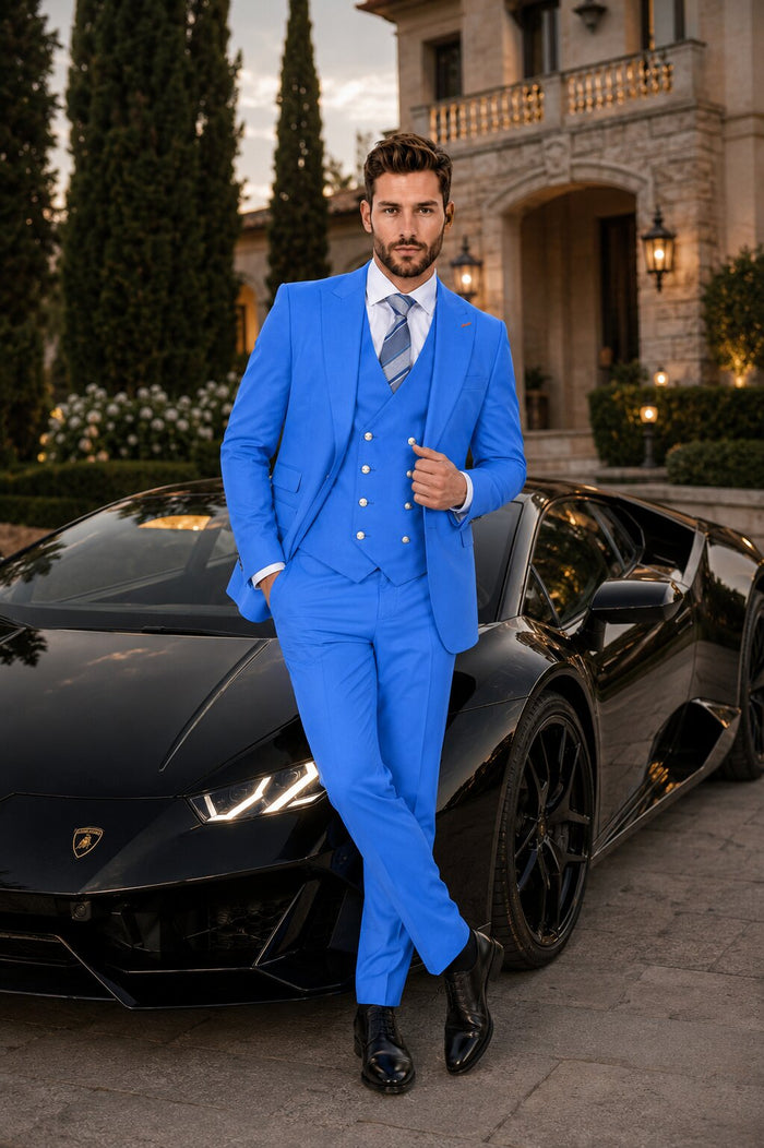 Men's Sky Blue Statement Ticket Pocket Peak Lapel Wool Double Breasted Vest Suit with Silver Buttons – Modern Fit