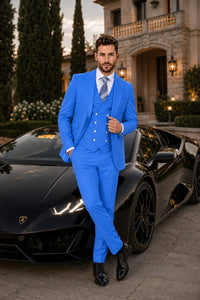 Men's Sky Blue Statement Ticket Pocket Peak Lapel Wool Double Breasted Vest Suit with Silver Buttons – Modern Fit