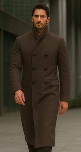 Mens Full Length Length Top Coat - Double Breasted Brown Herringbone