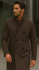 Mens Full Length Length Top Coat - Double Breasted Brown Herringbone