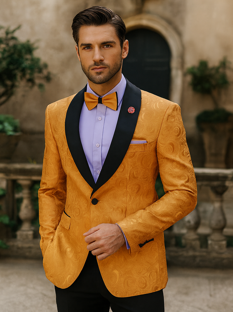 Men’s Golden Tuxedo with Black Lapel – Prom & Wedding Suit