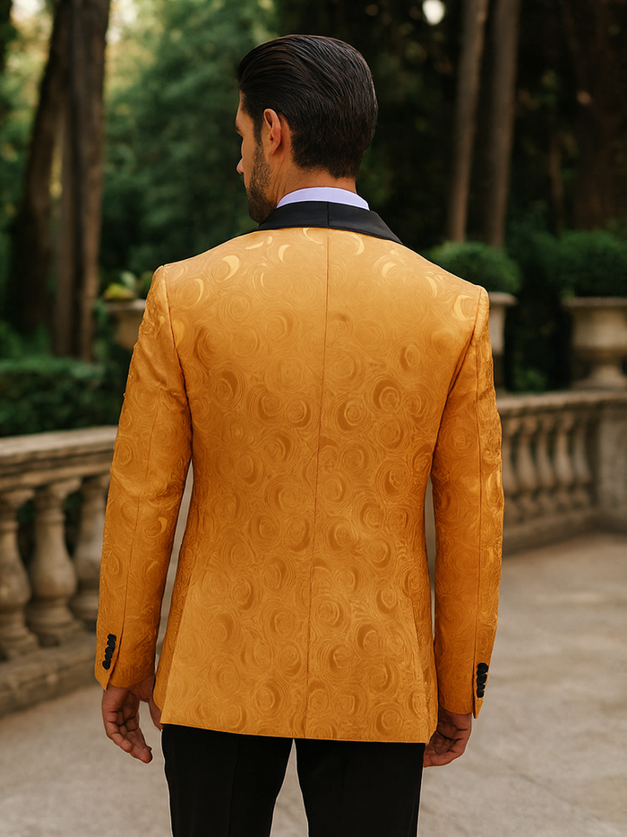 Men’s Golden Tuxedo with Black Lapel – Prom & Wedding Suit