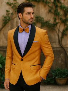 Men’s Golden Tuxedo with Black Lapel – Prom & Wedding Suit