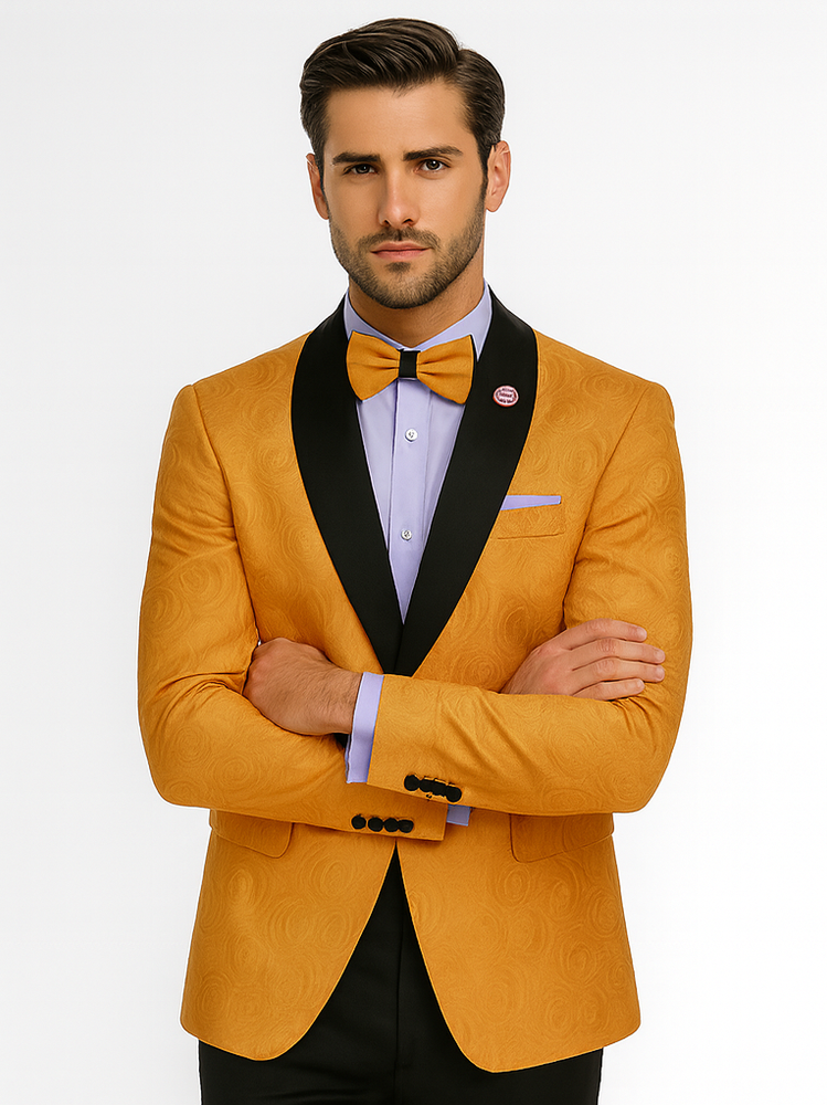 Men’s Golden Tuxedo with Black Lapel – Prom & Wedding Suit