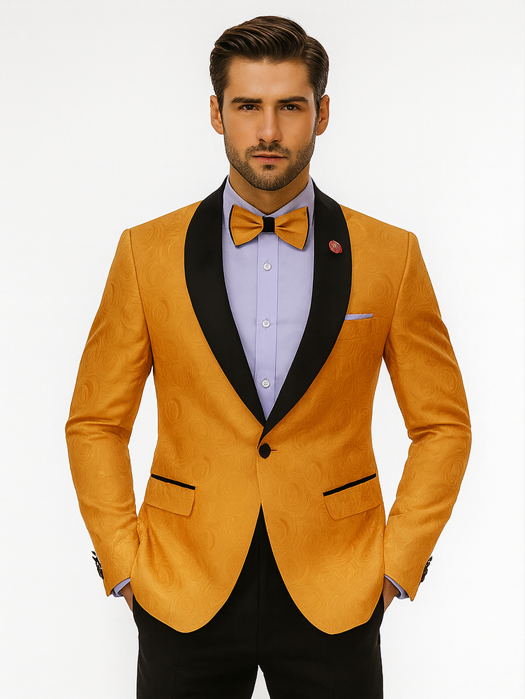 Men’s Golden Tuxedo with Black Lapel – Prom & Wedding Suit