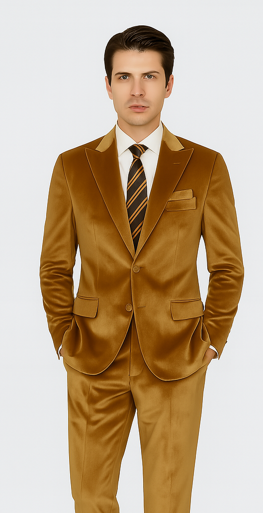 Men’s Formal Gold Velvet Suit – Peak Lapel Skinny Fit 2-Piece by Tazzio
