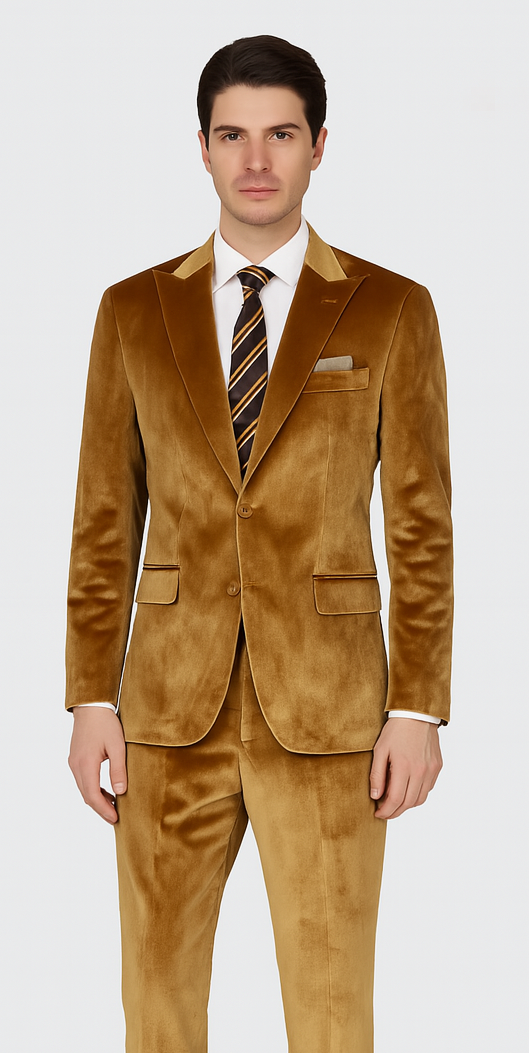 Men’s Formal Gold Velvet Suit – Peak Lapel Skinny Fit 2-Piece by Tazzio