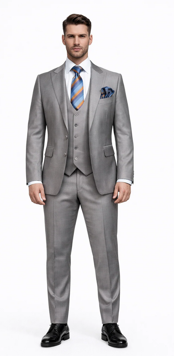 Men’s Gray Slim Fit 3-Piece Suit by Rossiman - With Vest & Tailored Trousers – Italian-Inspired Modern Elegance