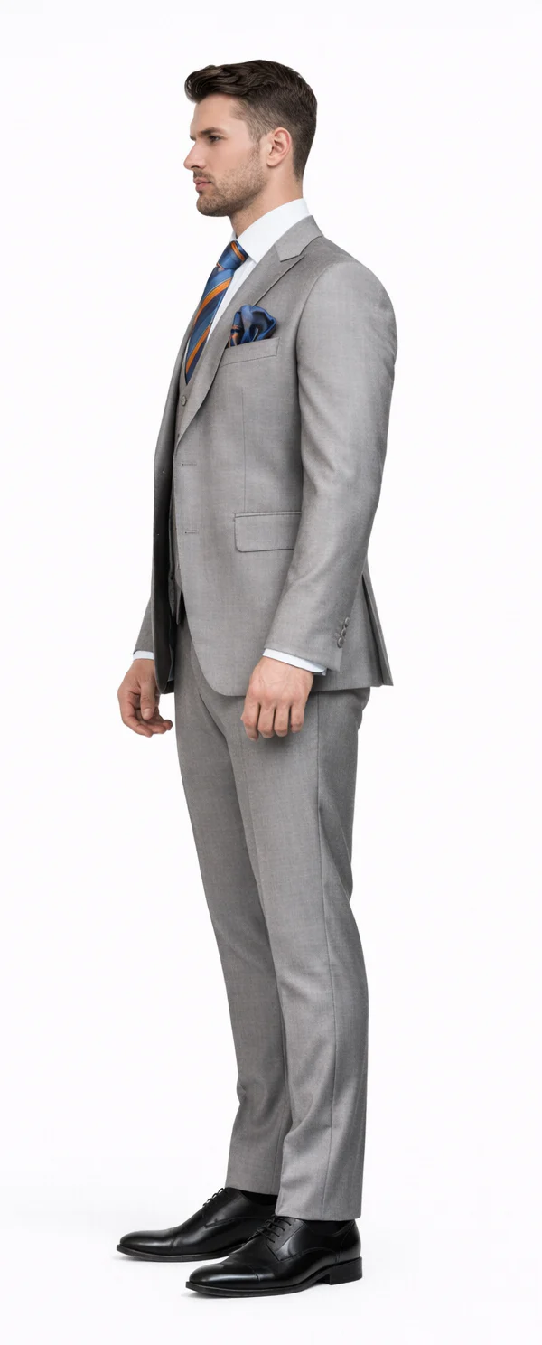 Men’s Gray Slim Fit 3-Piece Suit by Rossiman - With Vest & Tailored Trousers – Italian-Inspired Modern Elegance
